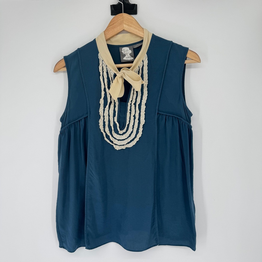Anthropologie Girls From Savoy 100% Silk Blouse 4 Teal Lace Bow Cottagecore Top